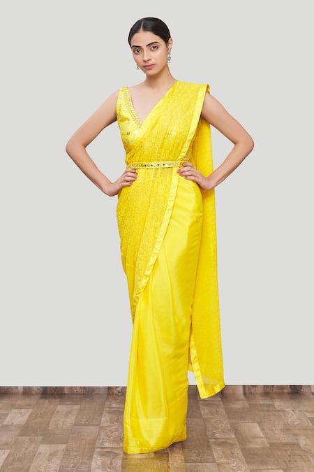 Neha Khullar_Yellow Chiffon, Georgette, Chanderi Silk Embroidered Saree Set With Blouse For Kids_Online_at_Aza_Fashions