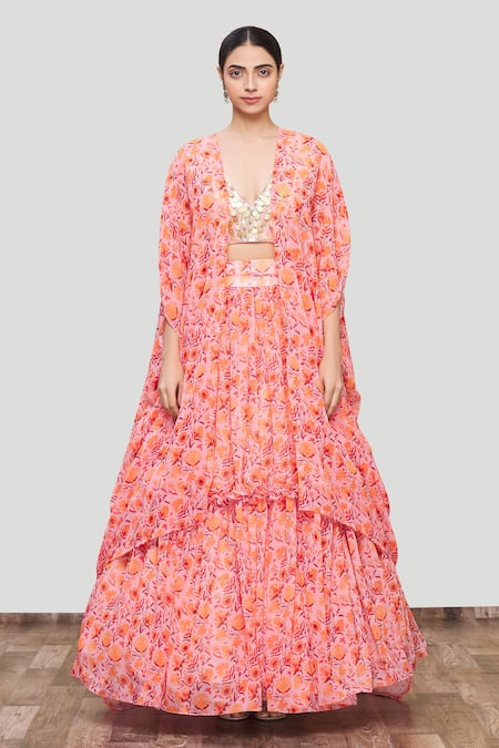 Neha Khullar_Peach Georgette, Chanderi Silk Cape Open Blouse V-neck Printed And Lehenga Set _Online_at_Aza_Fashions