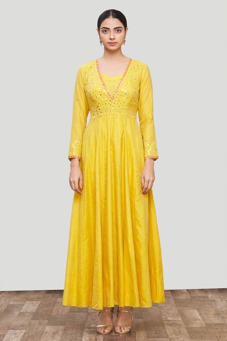 Neha Khullar_Yellow Chanderi Silk, Organza Sequins, Embroidery Anarkali And Pant Set_Online_at_Aza_Fashions