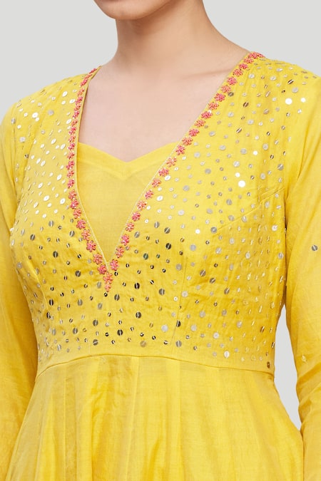 Neha Khullar_Yellow Chanderi Silk, Organza Sequins, Embroidery Anarkali And Pant Set_at_Aza_Fashions