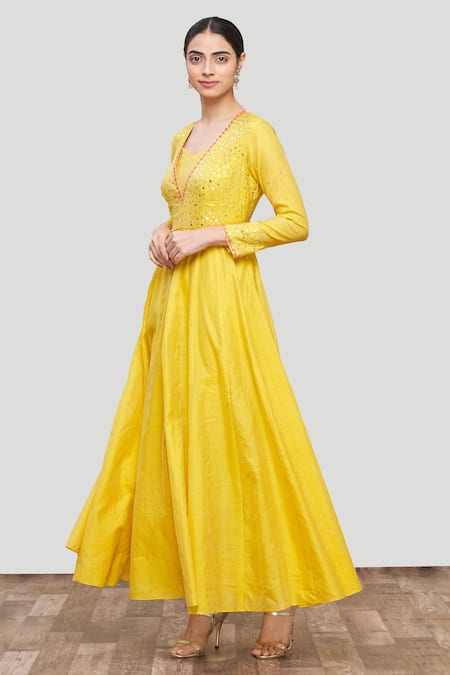 Buy_Neha Khullar_Yellow Chanderi Silk, Organza Sequins, Embroidery Anarkali And Pant Set_Online_at_Aza_Fashions