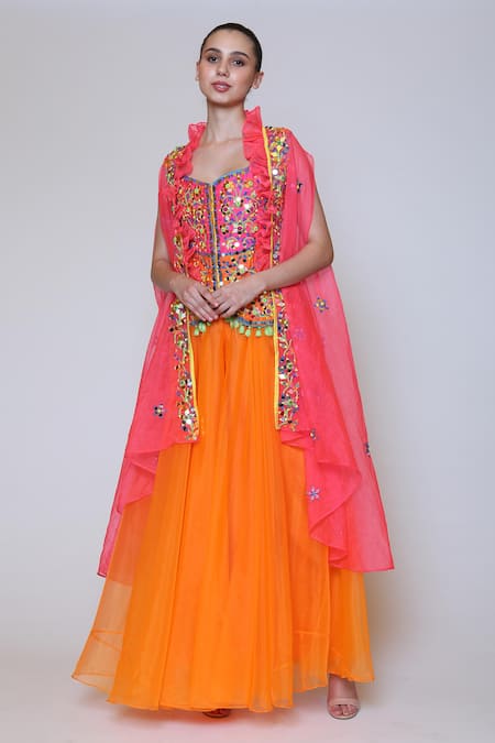 Preeti S Kapoor Orange Organza, Dupion Cape Open Corset Sweetheart Embroidered And Gharara Set 