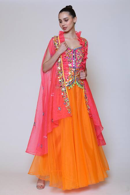 Preeti S Kapoor_Orange Organza, Dupion Cape Open Corset Sweetheart Embroidered And Gharara Set _Online_at_Aza_Fashions