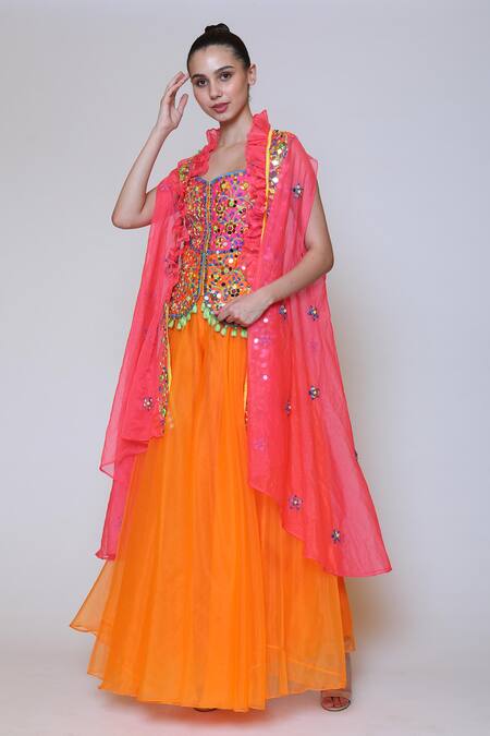 Buy_Preeti S Kapoor_Orange Organza, Dupion Cape Open Corset Sweetheart Embroidered And Gharara Set _Online_at_Aza_Fashions