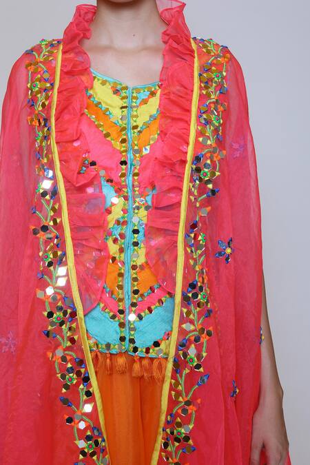 Preeti S Kapoor_Orange Organza, Dupion Cape Open Corset Sweetheart Embroidered And Gharara Set _at_Aza_Fashions