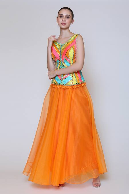 Preeti S Kapoor_Orange Organza, Dupion Round Embroidered Corset And Gharara Set_Online_at_Aza_Fashions