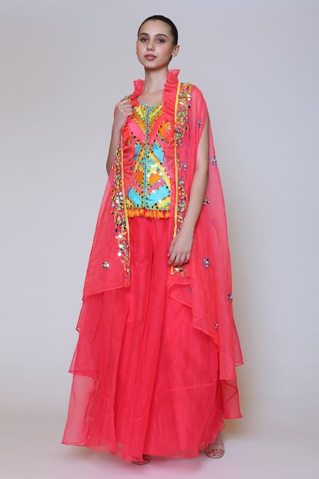 Buy_Preeti S Kapoor_Pink Organza, Dupion Cape Open Corset Round Embroidered And Gharara Set_Online_at_Aza_Fashions