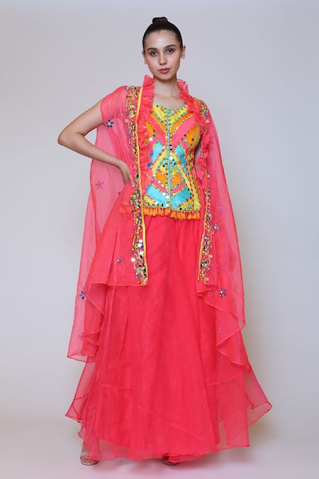 Shop_Preeti S Kapoor_Pink Organza, Dupion Cape Open Corset Round Embroidered And Gharara Set_Online_at_Aza_Fashions