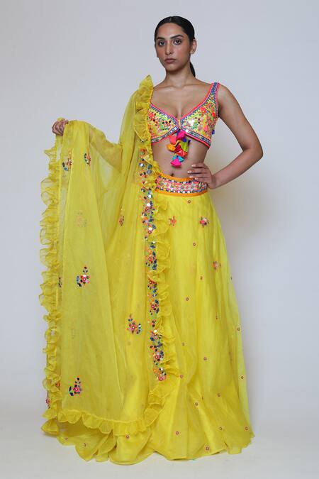 Preeti S Kapoor_Green Organza, Dupion V Neck Embroidered Lehenga Set_Online_at_Aza_Fashions