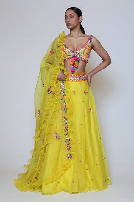Buy_Preeti S Kapoor_Green Organza, Dupion V Neck Embroidered Lehenga Set_Online_at_Aza_Fashions
