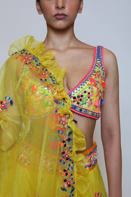 Preeti S Kapoor_Green Organza, Dupion V Neck Embroidered Lehenga Set_at_Aza_Fashions