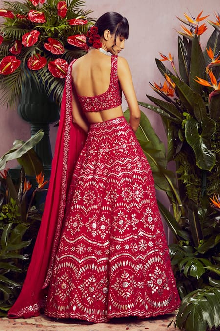 Shop_Aneesh Agarwaal_Red Flat Chiffon Lining Shantoon Square Neck Embroidered Bridal Lehenga Set _at_Aza_Fashions