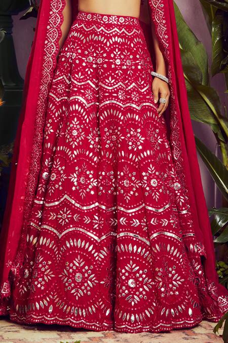 Buy_Aneesh Agarwaal_Red Flat Chiffon Lining Shantoon Square Neck Embroidered Bridal Lehenga Set _Online_at_Aza_Fashions