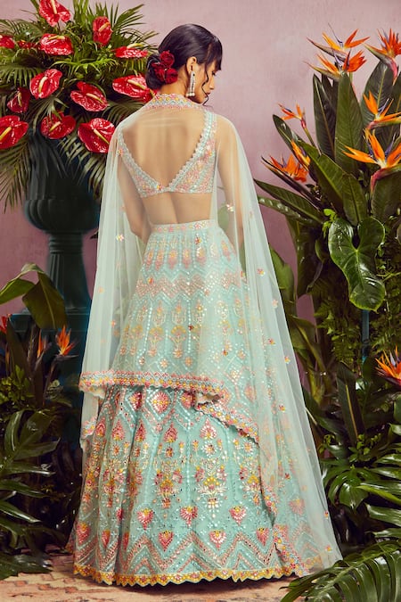 Shop_Aneesh Agarwaal_Blue Net Lining Shantoon V Neck Embroidered Bridal Lehenga Set _at_Aza_Fashions