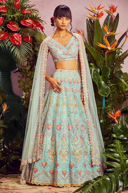 Aneesh Agarwaal_Blue Net Lining Shantoon V Neck Embroidered Bridal Lehenga Set _Online_at_Aza_Fashions