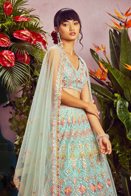 Buy_Aneesh Agarwaal_Blue Net Lining Shantoon V Neck Embroidered Bridal Lehenga Set _Online_at_Aza_Fashions