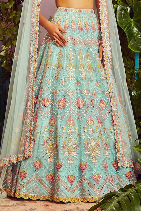 Shop_Aneesh Agarwaal_Blue Net Lining Shantoon V Neck Embroidered Bridal Lehenga Set _Online_at_Aza_Fashions