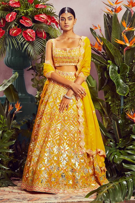 Buy Yellow Velvet Embroidered Winged The Burnt Sunset Bridal Lehenga Set  For Women by MATSYA Online at Aza Fashions.