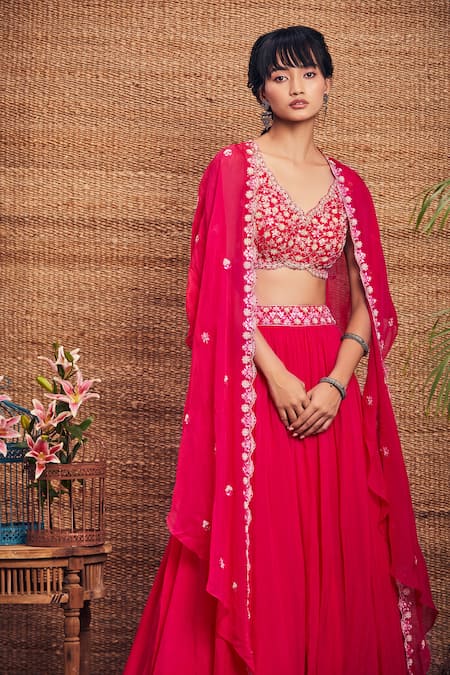 Aneesh Agarwaal_Pink Soft Organza V Neck Cape And Skirt Set _Online_at_Aza_Fashions