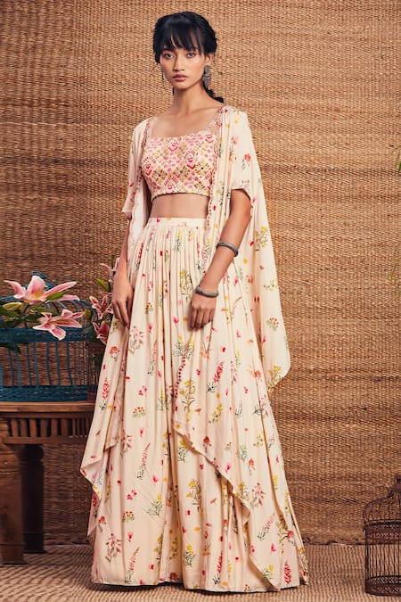 Aneesh Agarwaal_White Cotton Silk Square Neck Floral Print Cape And Skirt Set _Online_at_Aza_Fashions