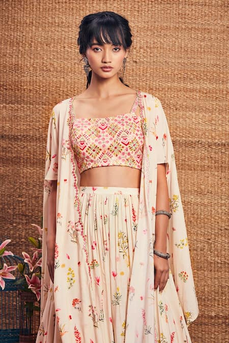 Buy_Aneesh Agarwaal_White Cotton Silk Square Neck Floral Print Cape And Skirt Set _Online_at_Aza_Fashions