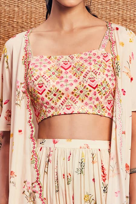 Shop_Aneesh Agarwaal_White Cotton Silk Square Neck Floral Print Cape And Skirt Set _Online_at_Aza_Fashions