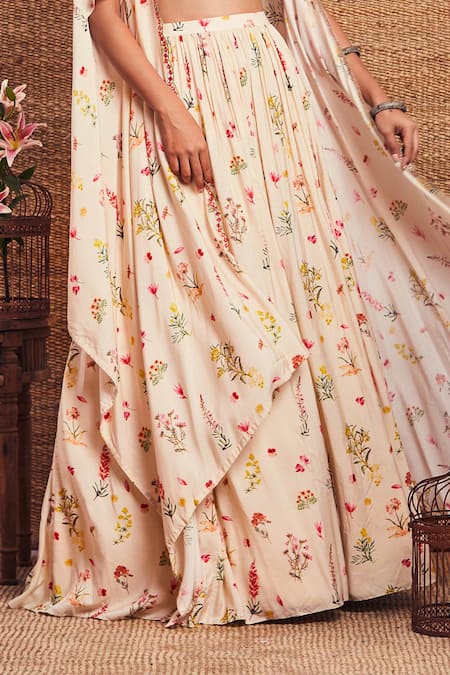 Aneesh Agarwaal_White Cotton Silk Square Neck Floral Print Cape And Skirt Set _at_Aza_Fashions