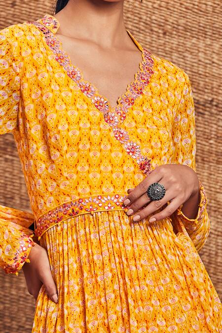 Shop_Aneesh Agarwaal_Yellow Georgette V Neck Peplum Kurta And Skirt Set _Online_at_Aza_Fashions