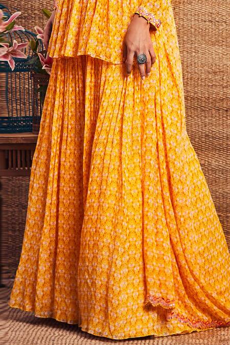 Aneesh Agarwaal_Yellow Georgette V Neck Peplum Kurta And Skirt Set _at_Aza_Fashions