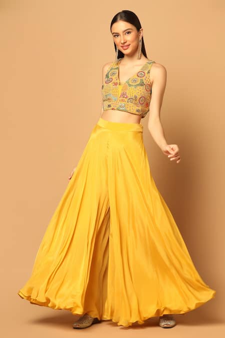 Two Sisters By Gyans_Yellow Crepe Embroidery, Sequins V-neck And Dori Blouse Palazzo Set _Online_at_Aza_Fashions