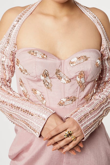 Masumi Mewawalla_Peach Habutai Sweetheart Neck Embroidered Halter Jumpsuit _Online_at_Aza_Fashions