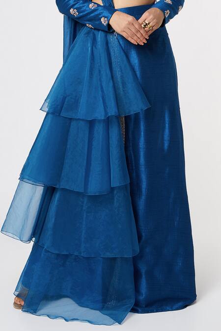 Masumi Mewawalla Blue Organza, Dupion, Tabby Silk Round Embroidered Blouse And Layered Lehenga Set Online at Aza Fashions Masumi Mewawalla_Blue Organza, Dupion, Tabby Silk Round Embroidered Blouse And Layered Lehenga Set _Online_at_Aza_Fashions