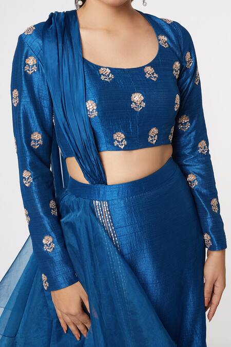Buy Masumi Mewawalla Blue Organza, Dupion, Tabby Silk Round Embroidered Blouse And Layered Lehenga Set Online at Aza Fashions Buy_Masumi Mewawalla_Blue Organza, Dupion, Tabby Silk Round Embroidered Blouse And Layered Lehenga Set _Online_at_Aza_Fashions