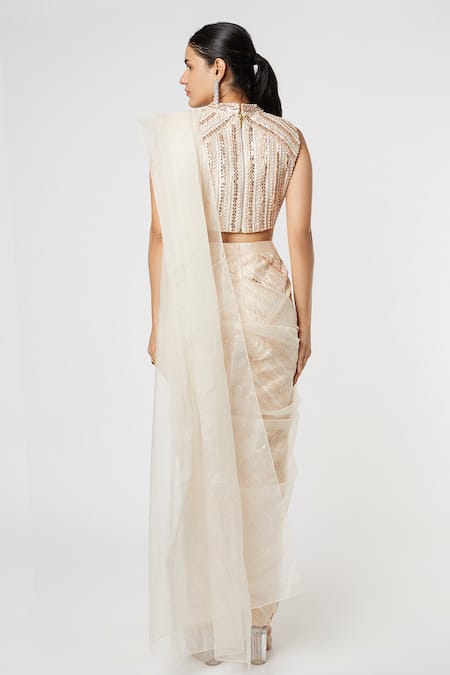 Shop Masumi Mewawalla Beige Organza, Dupion High Neck Embroidered Pant Saree With Blouse at Aza Fashions Shop_Masumi Mewawalla_Beige Organza, Dupion High Neck Embroidered Pant Saree With Blouse _at_Aza_Fashions