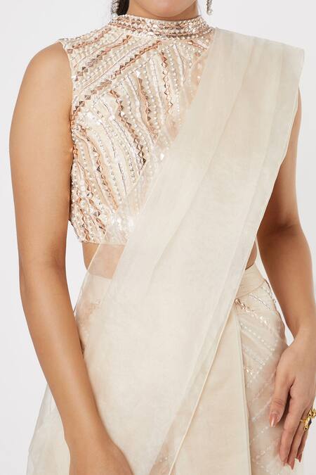Masumi Mewawalla Beige Organza, Dupion High Neck Embroidered Pant Saree With Blouse Online at Aza Fashions Masumi Mewawalla_Beige Organza, Dupion High Neck Embroidered Pant Saree With Blouse _Online_at_Aza_Fashions