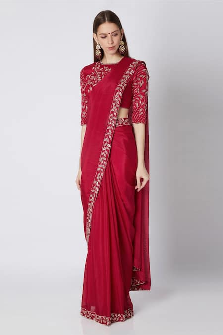 Masumi Mewawalla Red Raw Silk Embroidery Round Saree With Blouse  