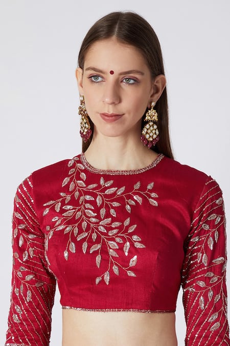 Buy Masumi Mewawalla Red Raw Silk, Crepe Round Embroidered Saree With Blouse Online at Aza Fashions Buy_Masumi Mewawalla_Red Raw Silk, Crepe Round Embroidered Saree With Blouse _Online_at_Aza_Fashions