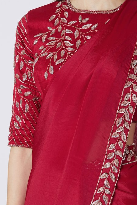 Shop Masumi Mewawalla Red Raw Silk, Crepe Round Embroidered Saree With Blouse Online at Aza Fashions Shop_Masumi Mewawalla_Red Raw Silk, Crepe Round Embroidered Saree With Blouse _Online_at_Aza_Fashions
