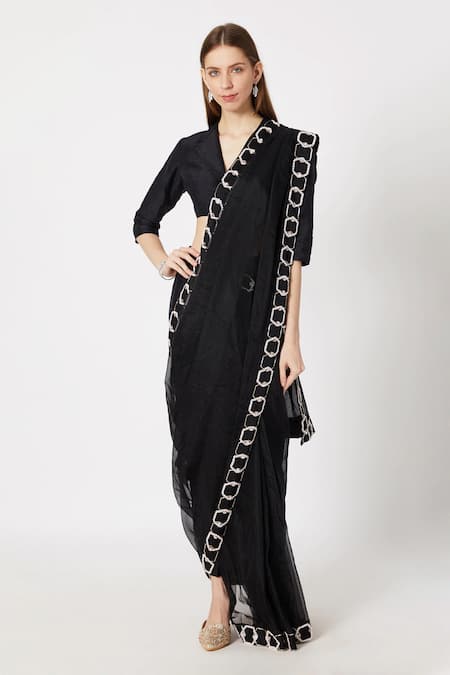 Masumi Mewawalla Black Raw Silk Embroidery V Neck Pant Saree With Blouse 