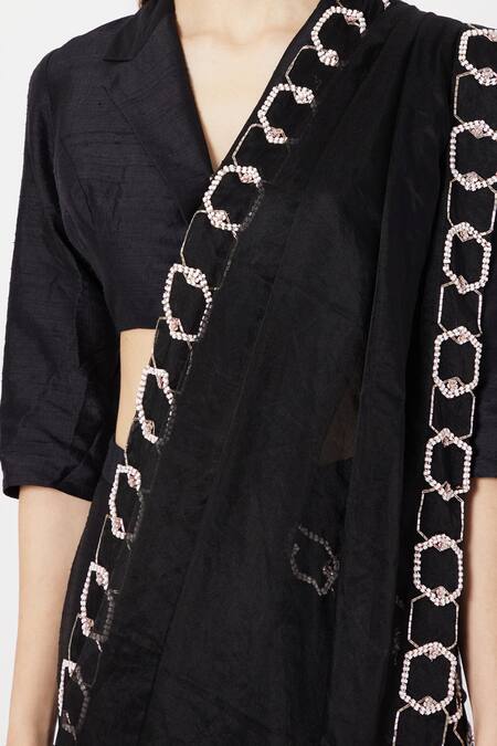 Masumi Mewawalla Black Raw Silk, Organza V Neck Embroidered Pant Saree With Blouse Online at Aza Fashions Masumi Mewawalla_Black Raw Silk, Organza V Neck Embroidered Pant Saree With Blouse _Online_at_Aza_Fashions