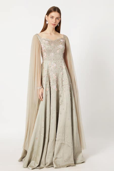 Masumi Mewawalla Green Net Embroidery Sweetheart Neck Cape Sleeves Gown