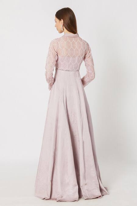 Shop_Masumi Mewawalla_Purple Organza Embroidery V Neck Geometric Gown _at_Aza_Fashions