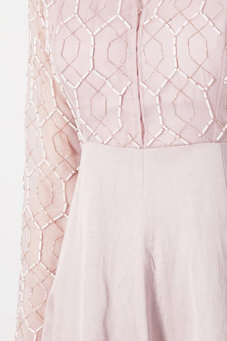 Masumi Mewawalla_Purple Organza Embroidery V Neck Geometric Gown _Online_at_Aza_Fashions