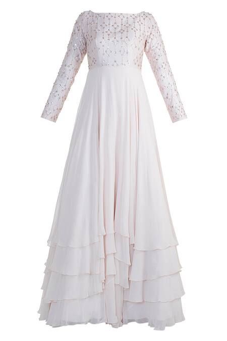 Masumi Mewawalla_White Raw Silk, Crepe, Shantoon Boat Embroidered Layered Anarkali_Online_at_Aza_Fashions