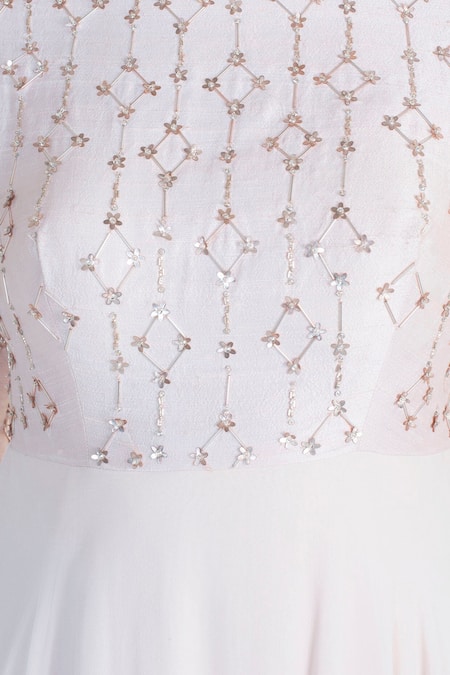 Buy_Masumi Mewawalla_White Raw Silk, Crepe, Shantoon Boat Embroidered Layered Anarkali_Online_at_Aza_Fashions