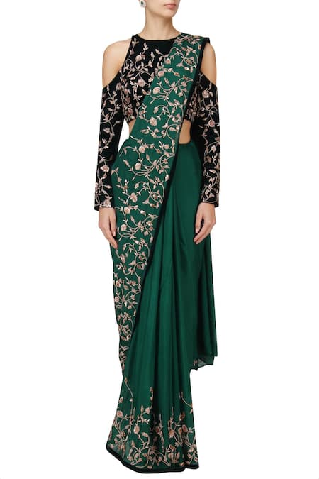 Masumi Mewawalla Green Velvet Embroidery Round Saree With Blouse  