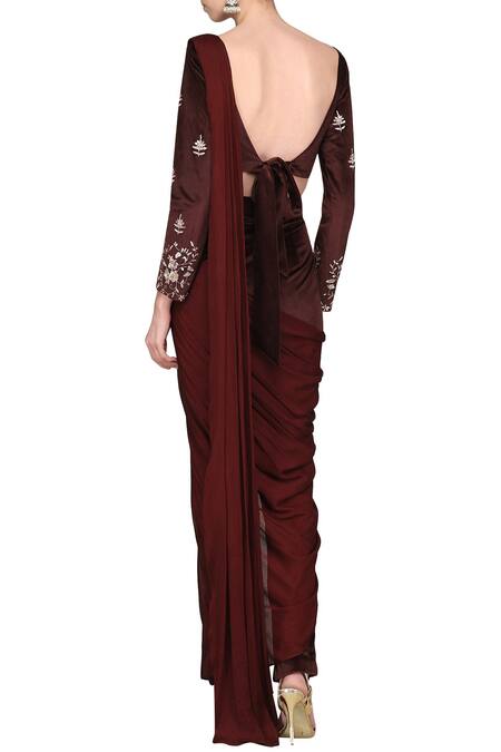 Shop_Masumi Mewawalla_Maroon Velvet Boat Embroidered Pant Saree With Blouse _at_Aza_Fashions