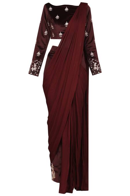 Masumi Mewawalla_Maroon Velvet Boat Embroidered Pant Saree With Blouse _Online_at_Aza_Fashions