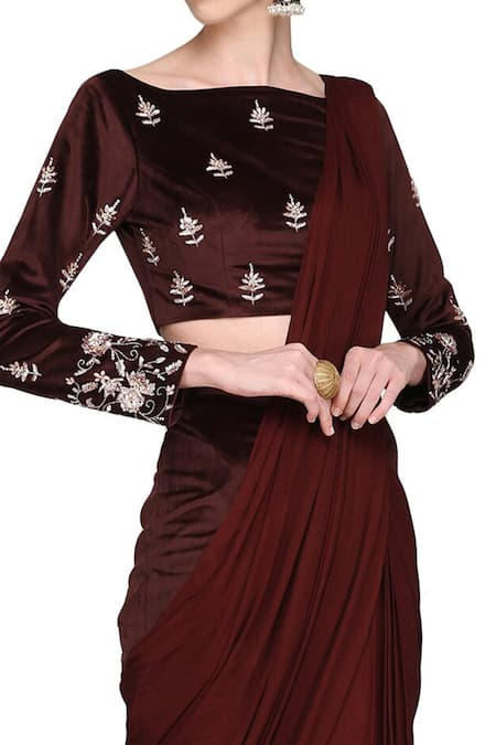 Buy_Masumi Mewawalla_Maroon Velvet Boat Embroidered Pant Saree With Blouse _Online_at_Aza_Fashions