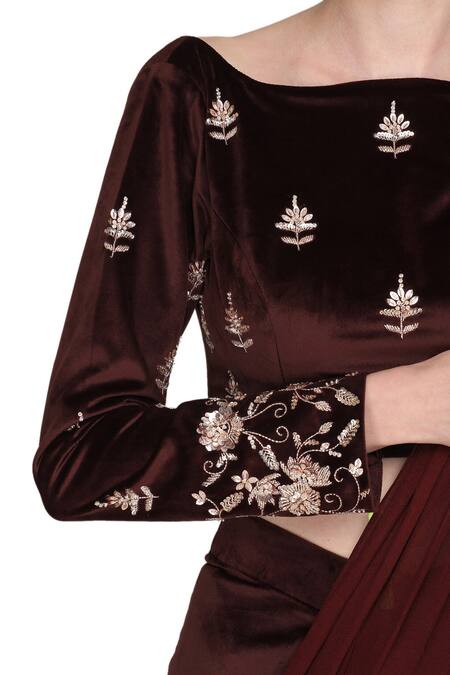 Masumi Mewawalla_Maroon Velvet Boat Embroidered Pant Saree With Blouse _at_Aza_Fashions